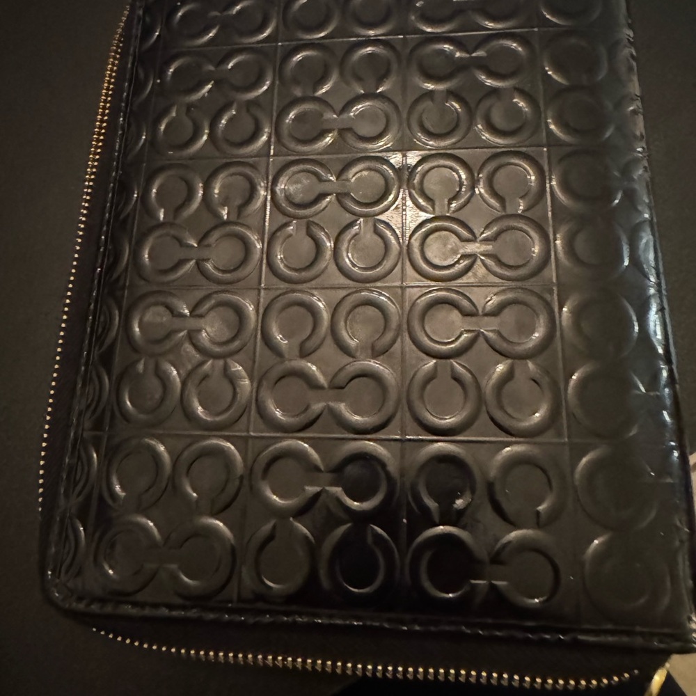 Embossed Black Leather coach planner or iPad mini full zip case ( a5 size)